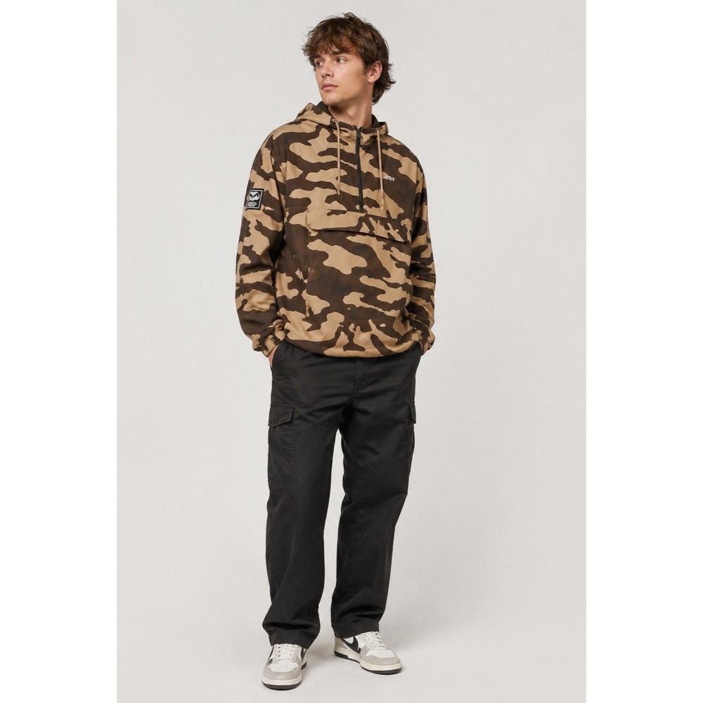 Obey Pullover Jacket Mens Small Brown Camo Print Polyester‎ 1/4 Zip Hood Pockets